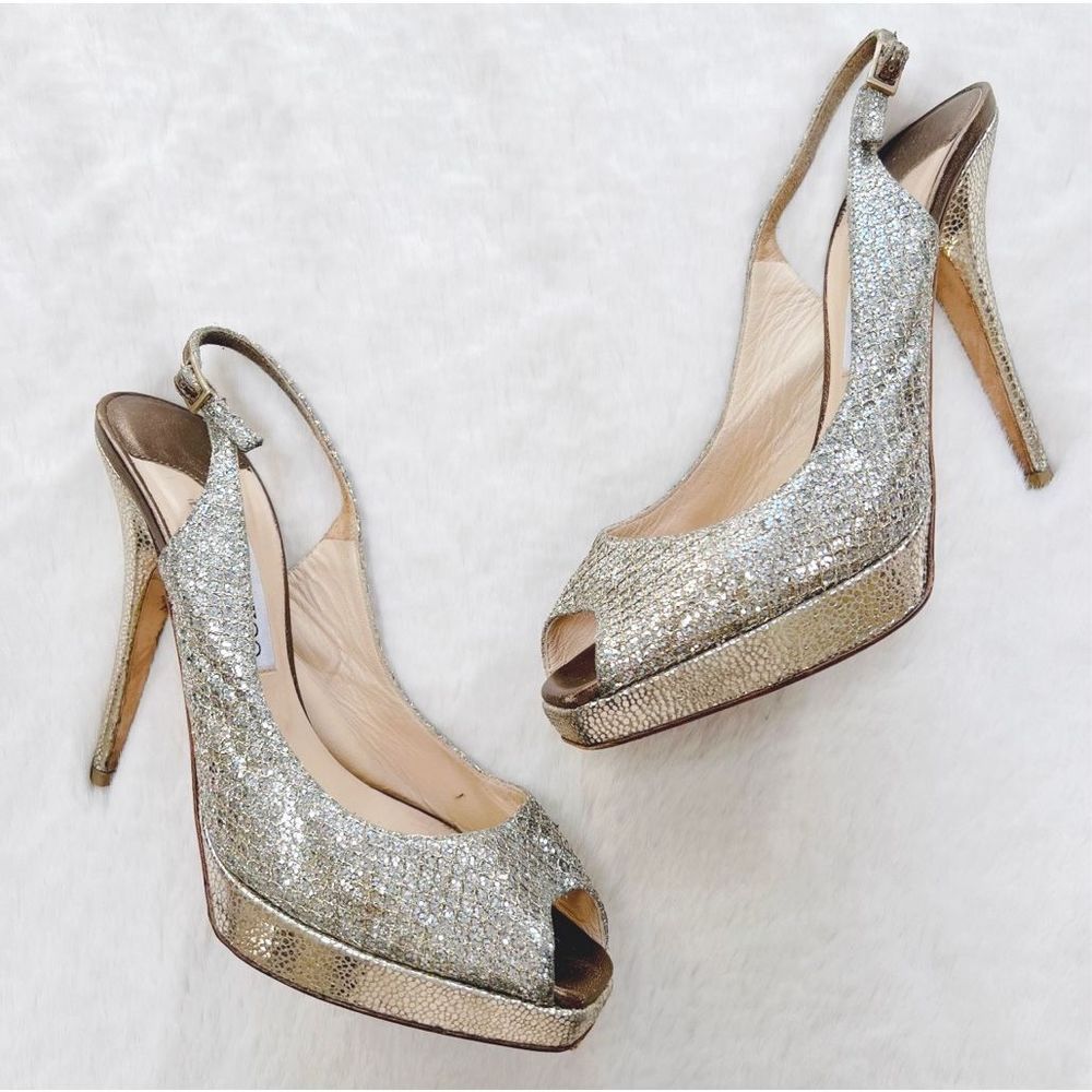 Jimmy Choo Glitter Metallic Platform Heels Sling Back Peep Toe Sandals size 38.5